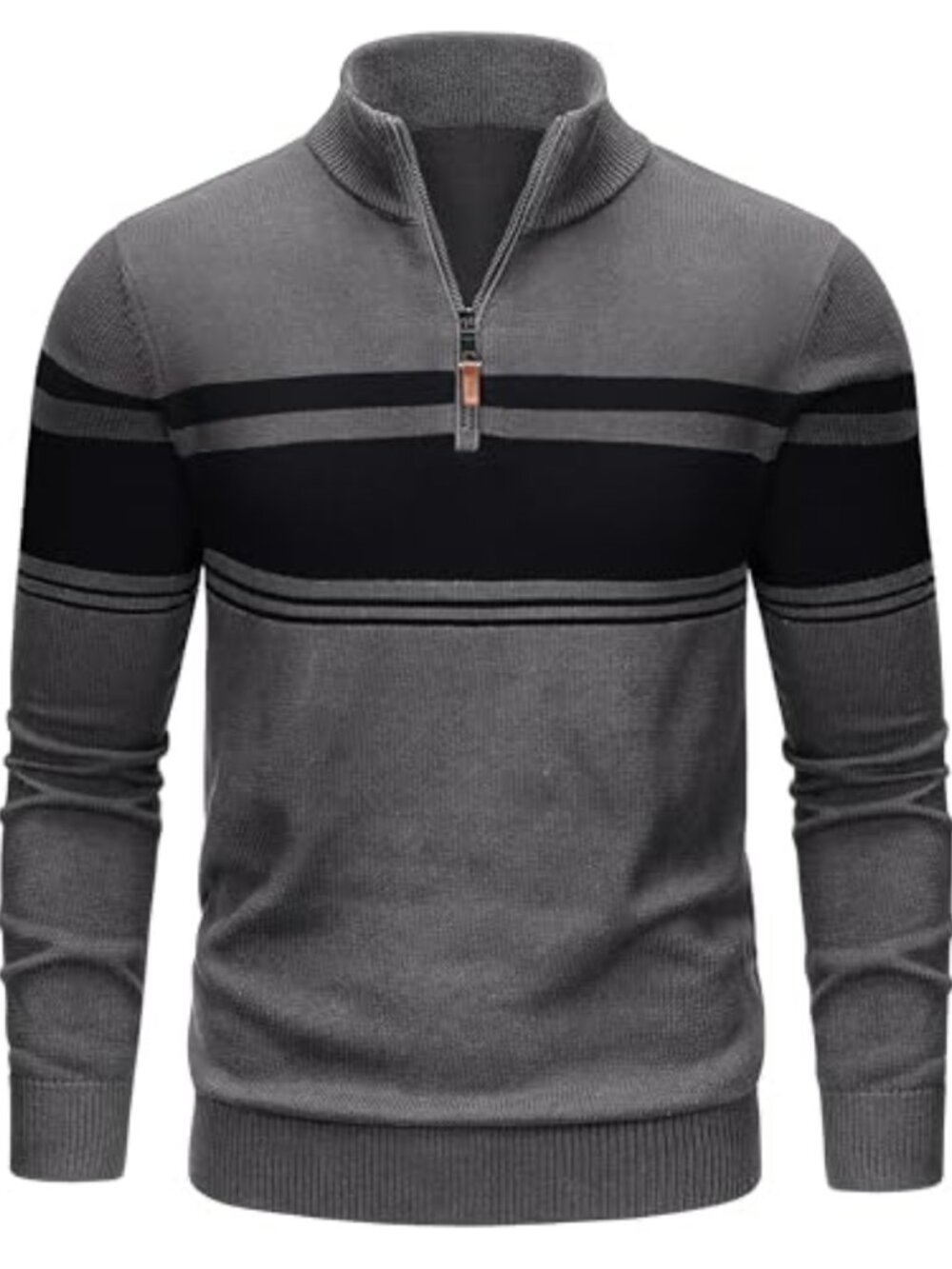 Men's Quarter Zip Pullover Sweater Striped Mock Neck Casual Fall Winter